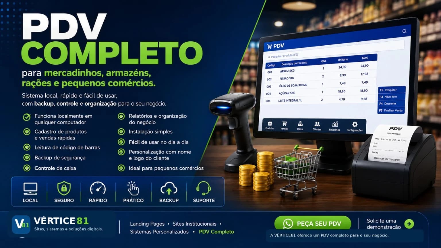 Material promocional do sistema PDV completo da Vértice 81